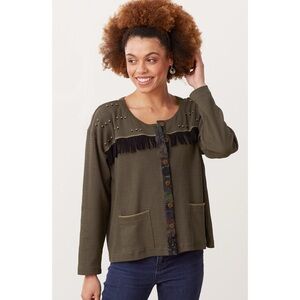 Marketplace Handwork of India 100% Cotton Fringe Dark Olive Cardigan - Size L